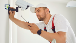 Electrician providing home security camera setup service